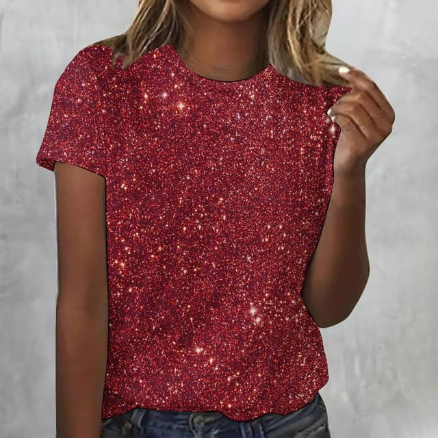 Cagogo Women's Tshirts Shirts Summer Tops Under $5 Casual Crew Neck Short Sleeve Sequin Printed Blouses Holiday Beach Tunics Outfits Birthday Gifts