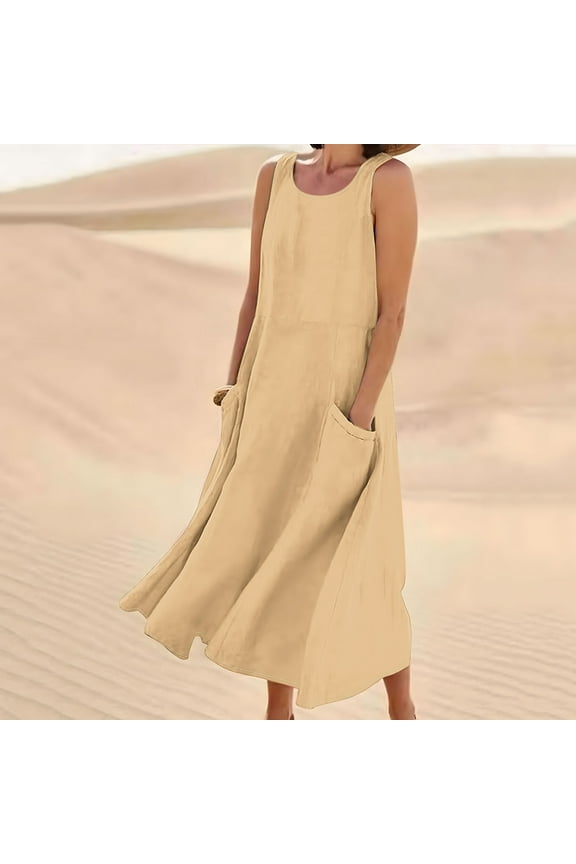 Womens Plus Size Sleeveless Petite Dresses Under $5 Summer Spring Crew Neck Pockets Baggy Flowy Cotton Linen Long Maxi Sun Dresses Boho White Formal Dresses