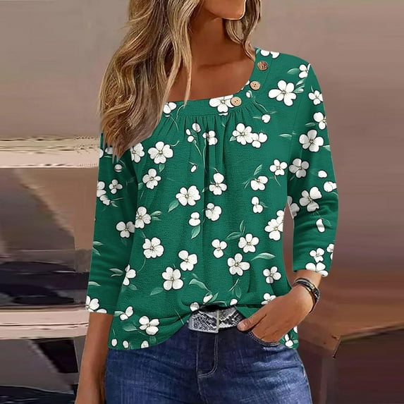 Cagogo Womens Summer Blouses Under $5 Plus Size 3/4 Sleeves Asymmetrical Neck Button Tops Vintage Floral Night Out Tunic Tops Grandma Mothers Day Gift