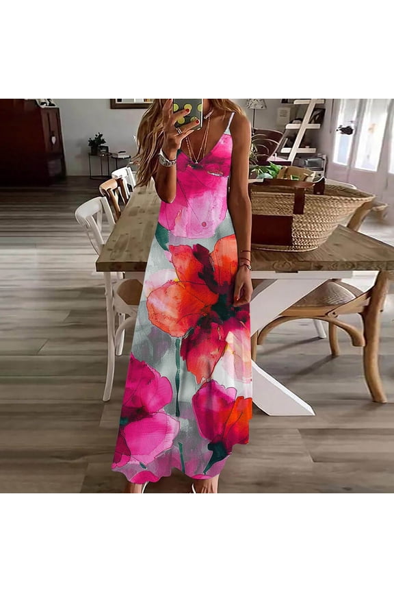 Womens Summer Spring Maxi Long Cami Dress Under $10 Plus Size Sleeveless Spaghetti Strap V Neck Wedding Guest Dresses Floral Swing Flowy Bohemian Black Work Dresses