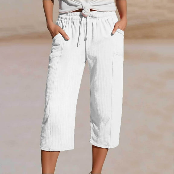 Capris Pants for Women Horkkom Elastic Waist Drawstring Linen Pants with Pockets Casual Solid Color Beach Pants White S