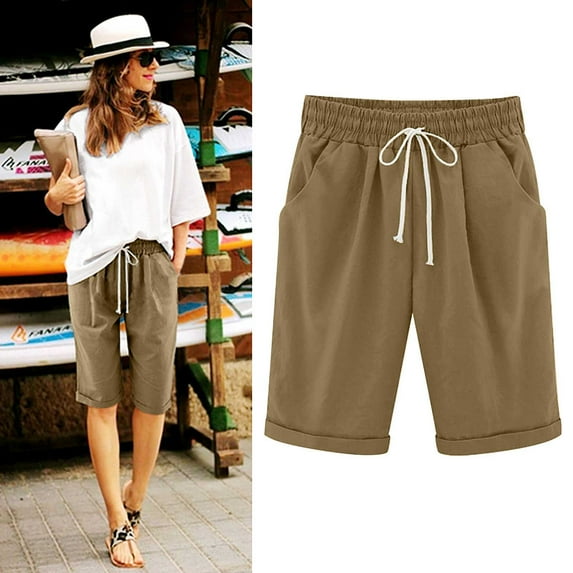 Casual Summer Beach Shorts for Womens Plus Size Solid Color Five Points Cotton Linen Pants Casual Pants