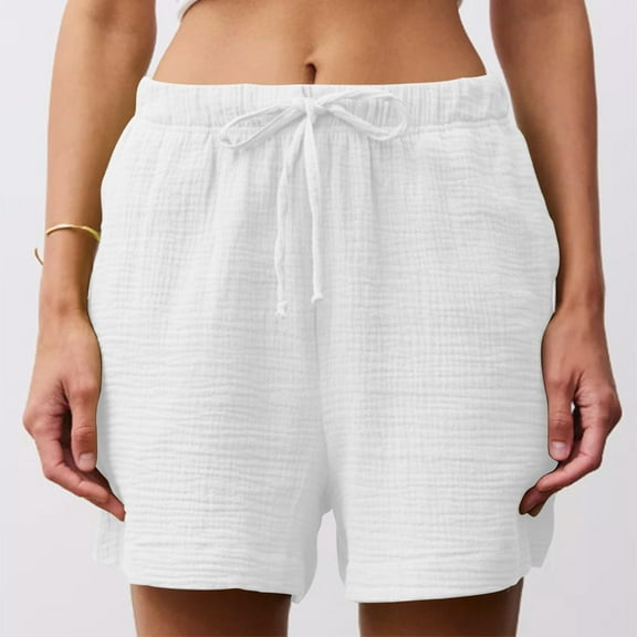 Chaoheng Plus Size Shorts Womens Casual Loose Solid Color Pocket Elastic Waistband Pants,White-10 M
