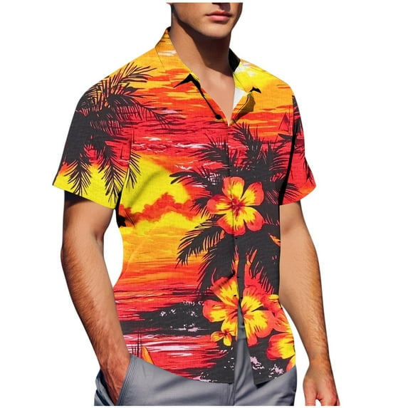 Chiccall Mens Hawaiian Graphic Shirts Summer Beach Button Down Short Sleeve Casual Tropical Vacation Blouse Tops Orange L