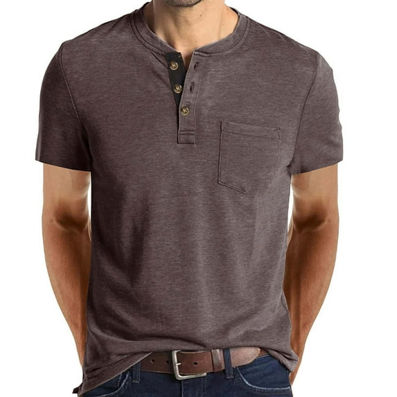 Summer Savings!Chiccall Mens Lightweight Button Athletic T Shirts with Pocket Short Sleeve Summer Casual Tee Tops Coffee