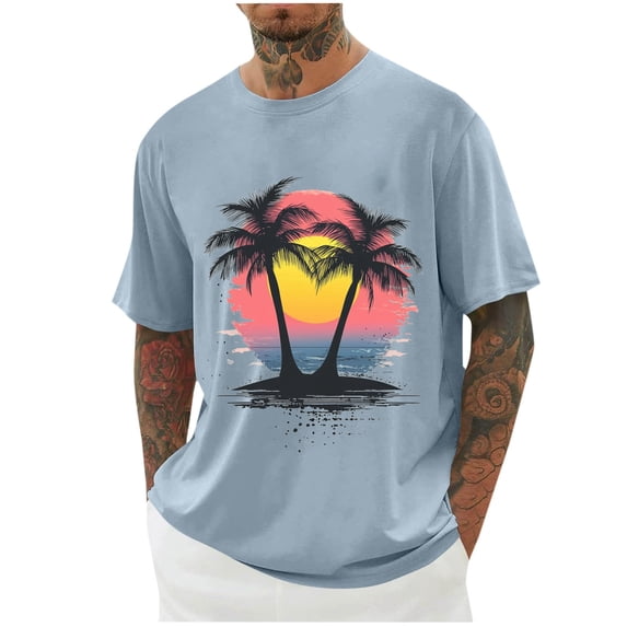 Chiccall Mens Plus Size T Shirts Summer Beach Short Sleeve Crew Neck Casual Tropical Graphic Tees Tops Light Blue ③