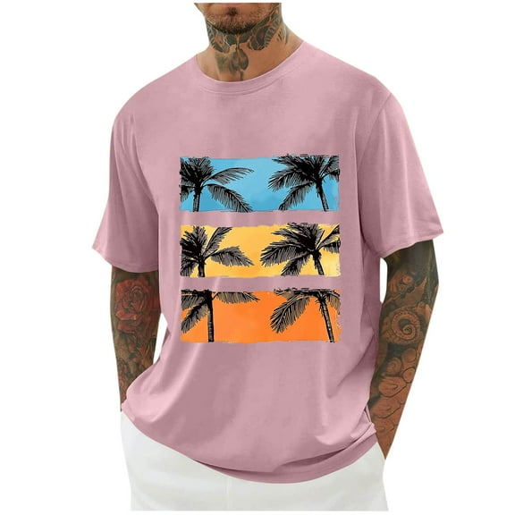 Chiccall Mens Plus Size T Shirts Summer Beach Short Sleeve Crew Neck Casual Tropical Graphic Tees Tops Pink