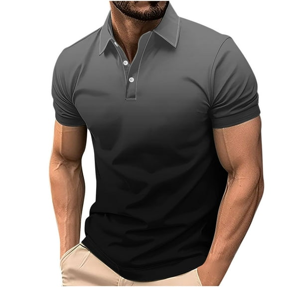 Chiccall Mens Shirts Gradient Button Summer Casual Short Sleeve V Neck Tops Blouse Black