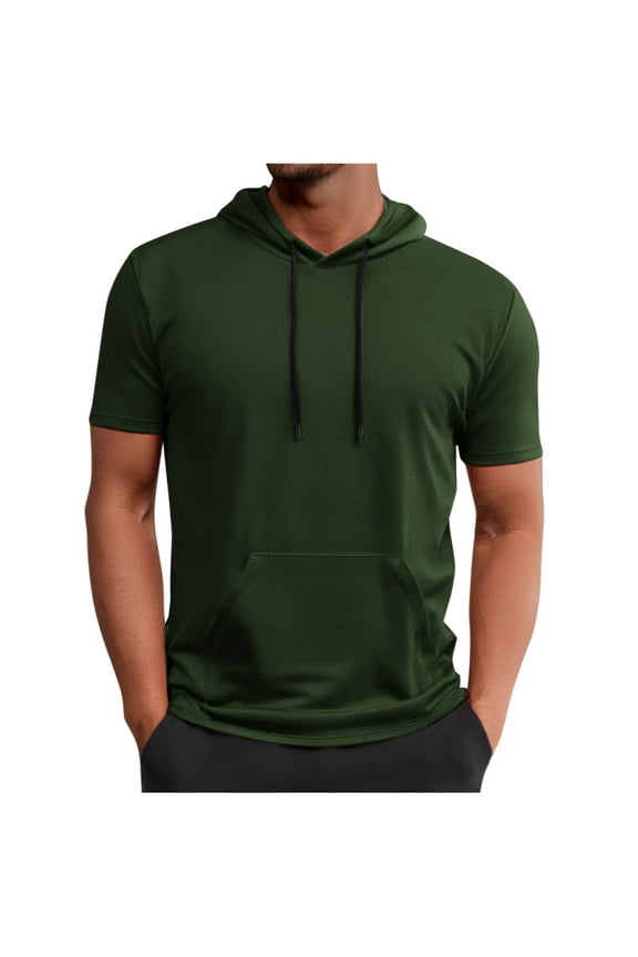 Mens Short Sleeve Hoodie Summer Solid Drawstring Pocket Athletic Gym T Shirts Army Green