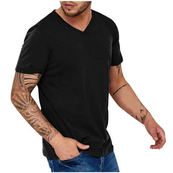Chiccall Mens Solid T Shirts Summer Casual V Neck Short Sleeve Shirts Tops Black