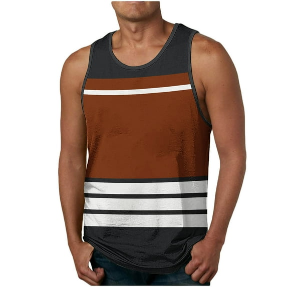 Summer Savings!Chiccall Mens Striped Gym Workout Tank Tops Summer Fashion Crew Neck Sleeveless Stretch Shirts Brown ②