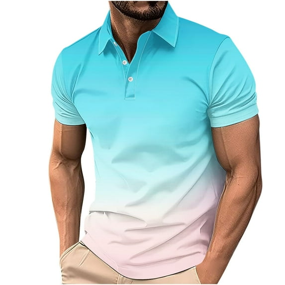 Chiccall Mens Summer Gradient Button Shirts Fashion Casual Short Sleeve V Neck Blouse Tops Multicolor 15
