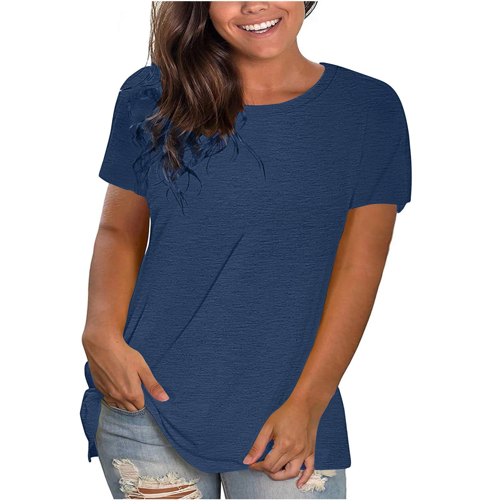 Knotted Short Sleeve Round Neck Loose Casual Short Plus Size