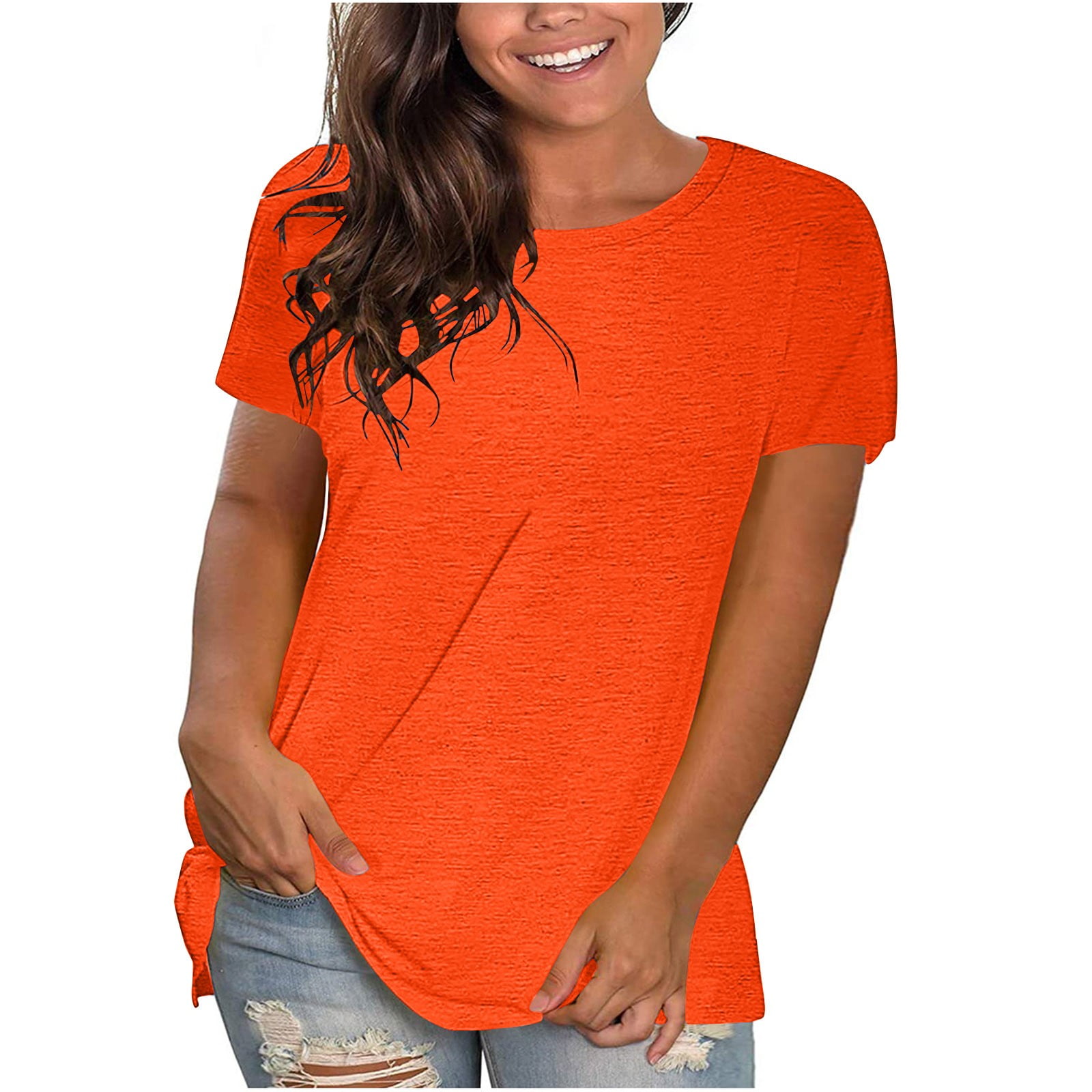 Summer Savings! Chiccall Womens Plus Size Summer Tops 2024 Fashion Casual  Solid Crew Neck Short Sleeve T Shirts Loose Fit Pullover Blouse Tops Orange  XL 
