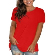 Summer Savings! Chiccall Womens Plus Size Summer Tops 2024 Fashion Casual Solid Crew Neck Short Sleeve T Shirts Loose Fit Pullover Blouse Tops Red XXXL