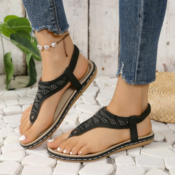 Summer Sandals for Women Large Size New Toe Clip Rhinestone Sandals Elastic Flat Shoes
