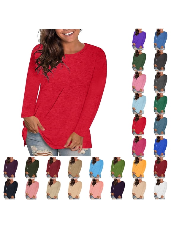 Women's Fashion Round Neck Solid Loose Long Sleeve T-shirt Pullover Tops Fall Outfits for Women 2024 Red M