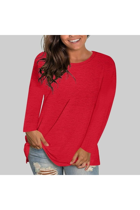 Women's Fashion Round Neck Solid Loose Long Sleeve T-shirt Pullover Tops Fall Outfits for Women 2024 Red M