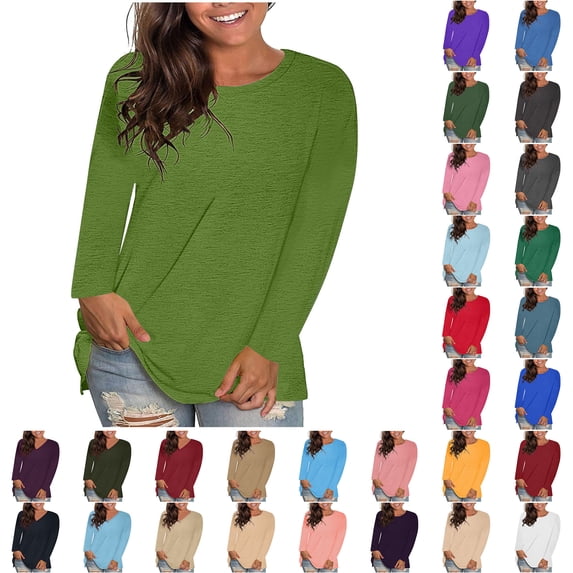 Sawvnm Women's Fashion Round Neck Solid Loose Long Sleeve T-shirt Pullover Tops Long Sleeve Tops for Women Army Green 2 S