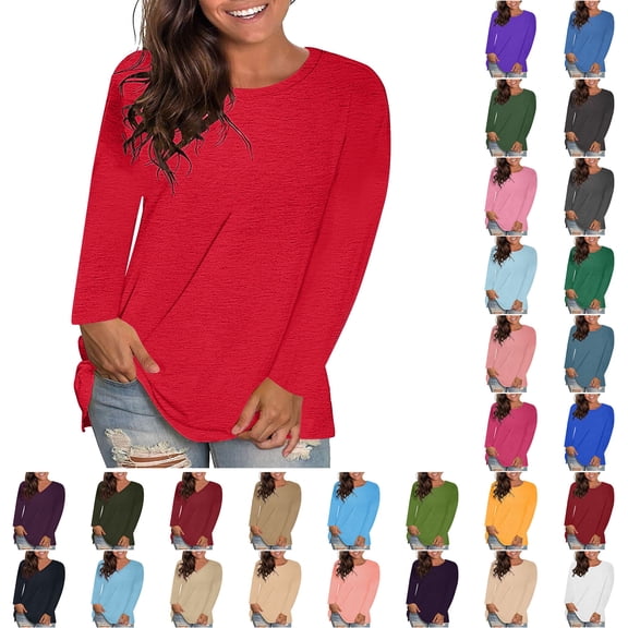 Sawvnm Women's Fashion Round Neck Solid Loose Long Sleeve T-shirt Pullover Tops Shirts for Women Red 2XL