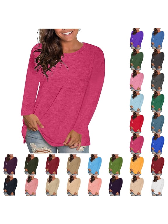 Women's Fashion Round Neck Solid Loose Long Sleeve T-shirt Pullover Tops Womens Tops Hot Pink 3XL