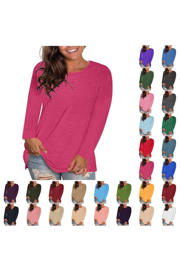 Women's Fashion Round Neck Solid Loose Long Sleeve T-shirt Pullover Tops Womens Tops Hot Pink 3XL