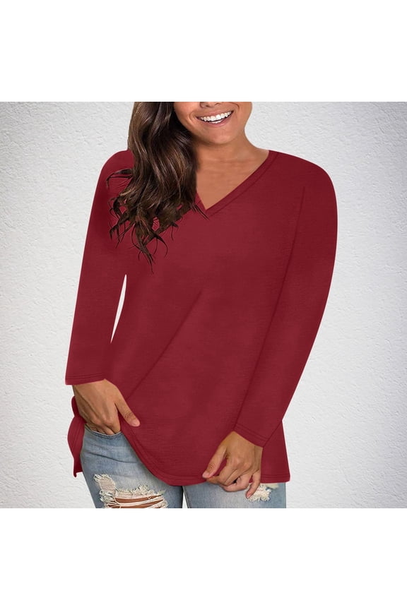 Women's Fashion V-Neck Solid Loose Long Sleeve T-shirt Pullover Tops Plus Size Clothes for Women Wine(V-Neck) 2XL