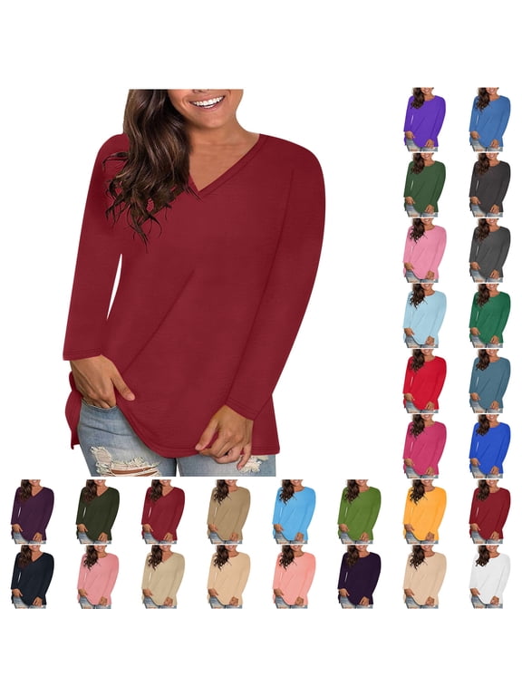 Women's Fashion V-Neck Solid Loose Long Sleeve T-shirt Pullover Tops Women Fashion Tops Wine(V-Neck) M