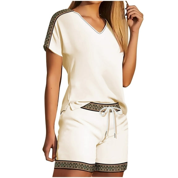 Summer 2 Piece Short Sets for Women Summer Short Sleeve V Neck Blouse Drawstring Waist Shorts Solid Color Pajamas Lounge Outfit