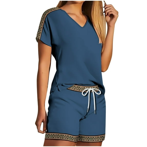 Summer 2 Piece Short Sets for Women Summer Short Sleeve V Neck Blouse Drawstring Waist Shorts Solid Color Pajamas Lounge Outfit
