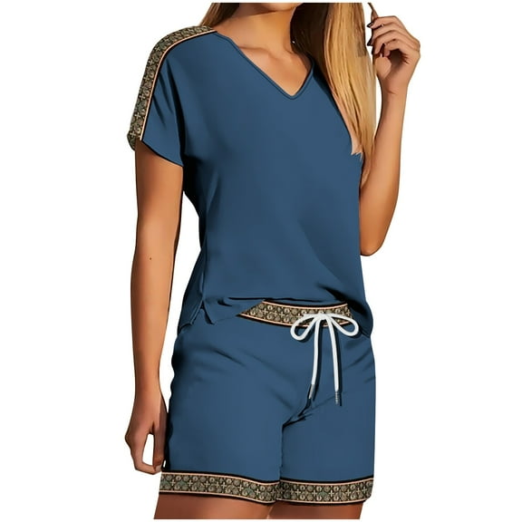 Summer 2 Piece Short Sets for Women Summer Short Sleeve V Neck Blouse Drawstring Waist Shorts Solid Color Pajamas Lounge Outfit