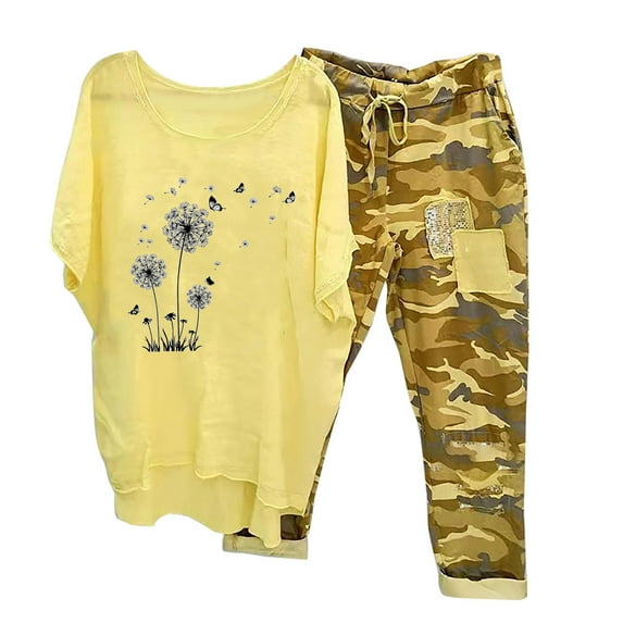 Xihbxyly Linen Set for Women, Women Summer Outfits Women's Capri Pajama Sets Plus Size Sleepwear Top with Capri Pants 2 Piece Sleep Set