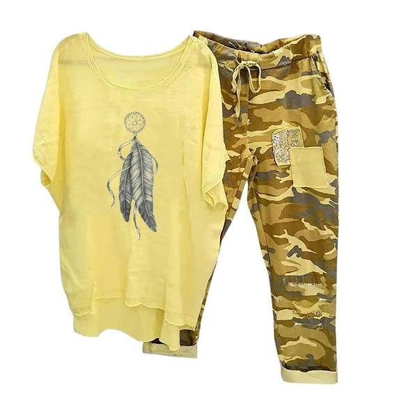 Xihbxyly Linen Set for Women, Women Summer Outfits Women's Capri Pajama Sets Plus Size Sleepwear Top with Capri Pants 2 Piece Sleep Set