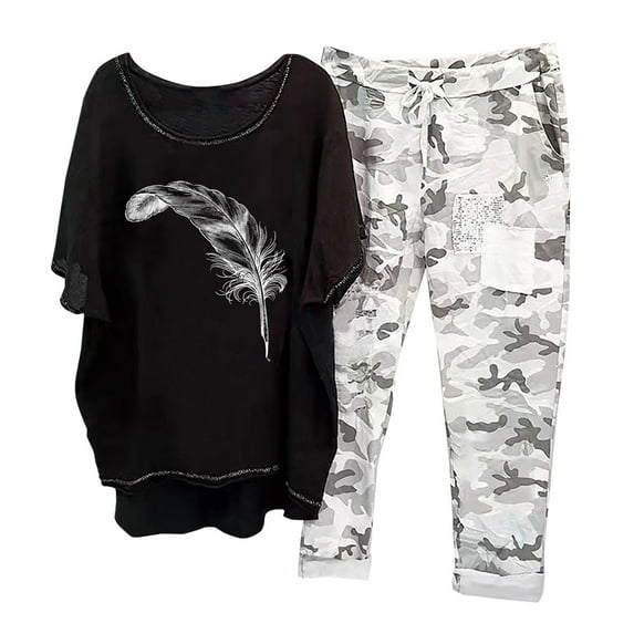 Xihbxyly Linen Set for Women, Women Summer Outfits Women's Capri Pajama Sets Plus Size Sleepwear Top with Capri Pants 2 Piece Sleep Set