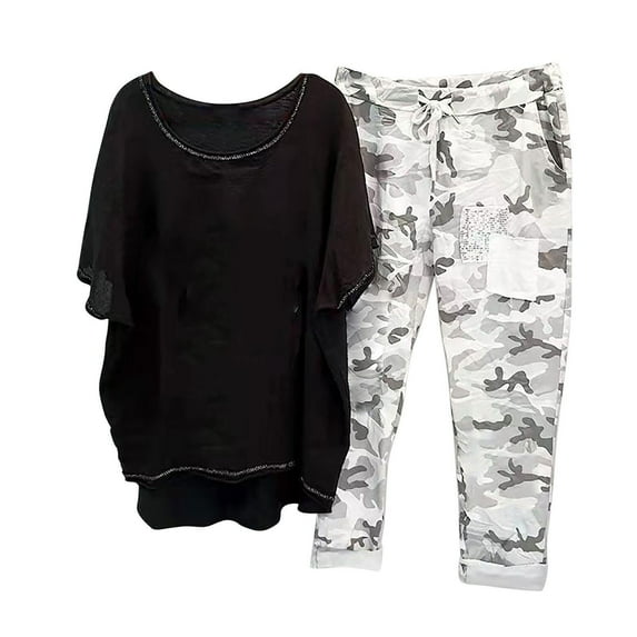 Xihbxyly Linen Set for Women, Women Summer Outfits Women's Capri Pajama Sets Plus Size Sleepwear Top with Capri Pants 2 Piece Sleep Set