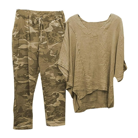 Xihbxyly Linen Set for Women, Women Summer Outfits Women's Capri Pajama Sets Plus Size Sleepwear Top with Capri Pants 2 Piece Sleep Set