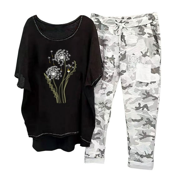 Xihbxyly Linen Set for Women, Women Summer Outfits Women's Capri Pajama Sets Plus Size Sleepwear Top with Capri Pants 2 Piece Sleep Set