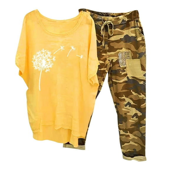 Xihbxyly Linen Set for Women, Women Summer Outfits Women's Capri Pajama Sets Plus Size Sleepwear Top with Capri Pants 2 Piece Sleep Set