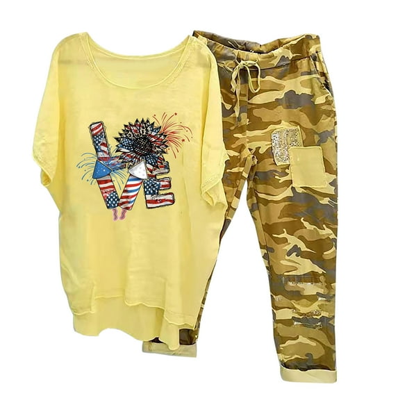 Summer Savings Clearance 2 Piece Xihbxyly Linen Set for Women, Women Summer Outfits Women's Capri Pajama Sets Plus Size Sleepwear Top with Capri Pants 2 Piece Sleep Set