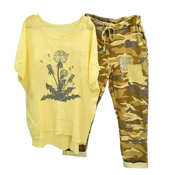 Summer Savings Clearance 2 Piece Xihbxyly Linen Set for Women, Women Summer Outfits Women's Capri Pajama Sets Plus Size Sleepwear Top with Capri Pants 2 Piece Sleep Set