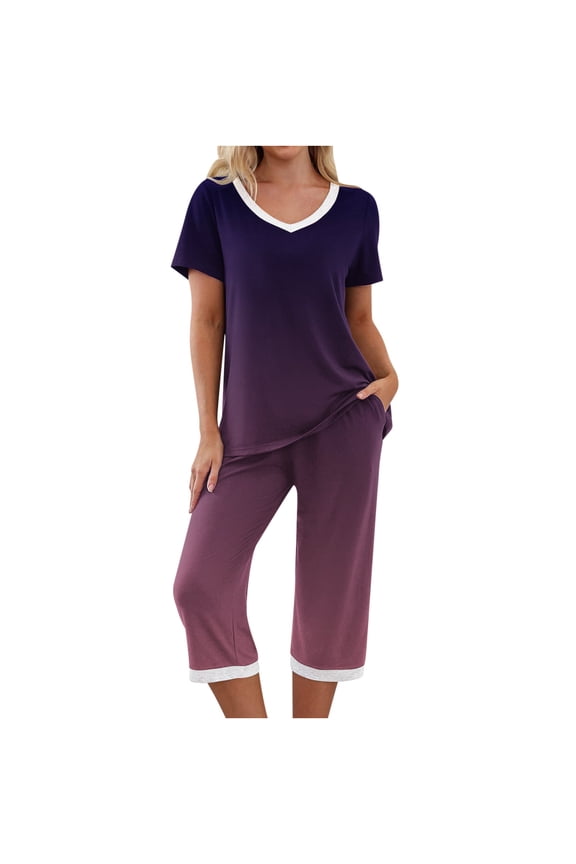 Lounge Sets for Women 2 Piece, Women Casual Patchwork Short Sleeve Tops V-Neck Shorts Sleepwear Sets Pullover Long Pants with Pockets Red XXL