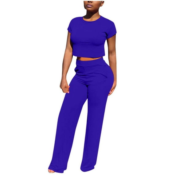 Summer Savings Clearance 2 Piece Xihbxyly Women's 2 Piece Outfit Short Sleeve Pullover with Long Pants Tracksuit Jogger Set Oose Wide Leg Pant Casual Outfits Sweatsuit Blue XL
