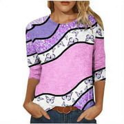Summer Savings Clearance 2022! BEFOKA Summer Tops T-shirt Blouse for Womens, Women's Fashion Printed T-shirt Mid-length 3/4 Sleeves Blouse Round Neck Casual Tops