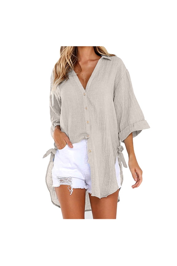 Summer TAGOLD Women's Casual Roll-Up Sleeve Long Sleeve Tops Cotton Linen Blouse Button Long Shirt Dress Plus Size High Low Shirt Khaki XL