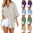 thumbnail image 1 of Summer TAGOLD Women's Casual Roll-Up Sleeve Long Sleeve Tops Cotton Linen Blouse Button Long Shirt Dress Plus Size High Low Shirt Khaki L, 1 of 6