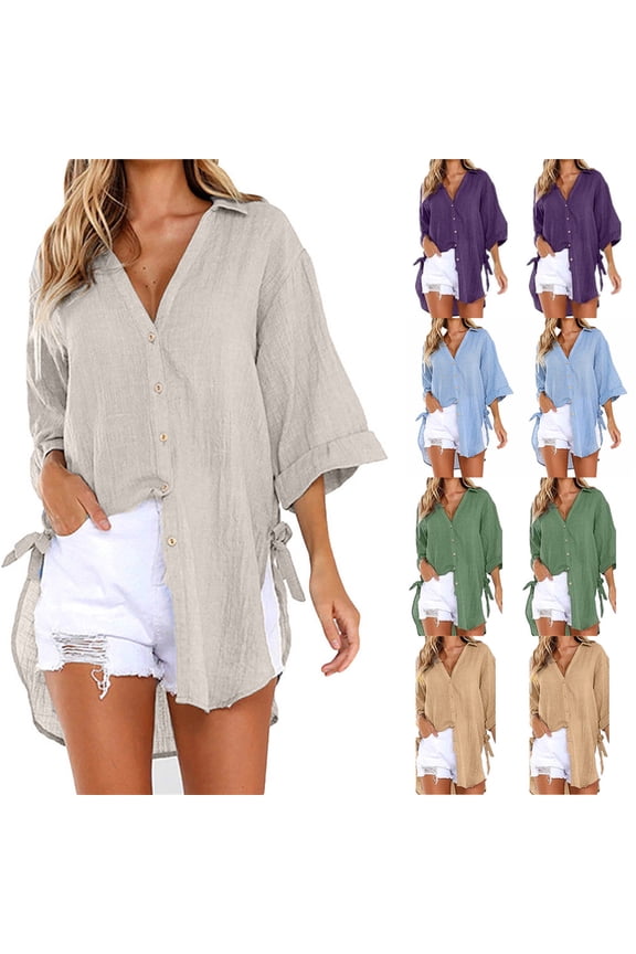 Summer TAGOLD Women's Casual Roll-Up Sleeve Long Sleeve Tops Cotton Linen Blouse Button Long Shirt Dress Plus Size High Low Shirt Khaki L