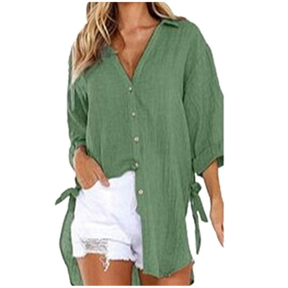 Summer Savings Clearance 2022! BEFOKA Women's Casual Roll-Up Sleeve Long Sleeve Tops Cotton Linen Blouse Button Long Shirt Dress Plus Size High Low Shirt Green XXXL