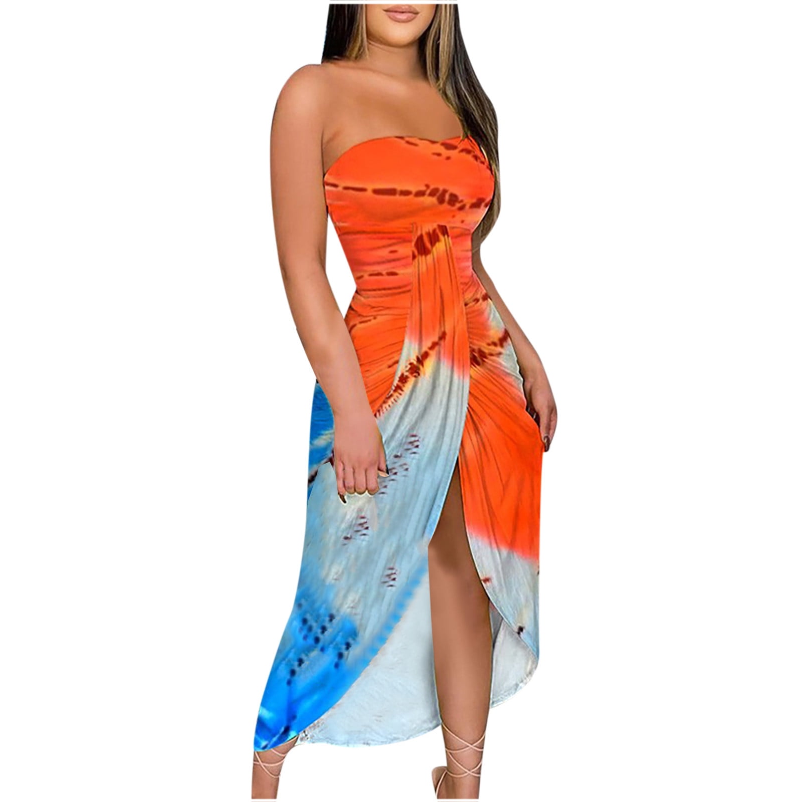 Summer Savings Clearance 2022! BEFOKA Women's Summer Dress Summer Print  Strapless Long Dress Beach Split Dress Party Club Dress Orange 