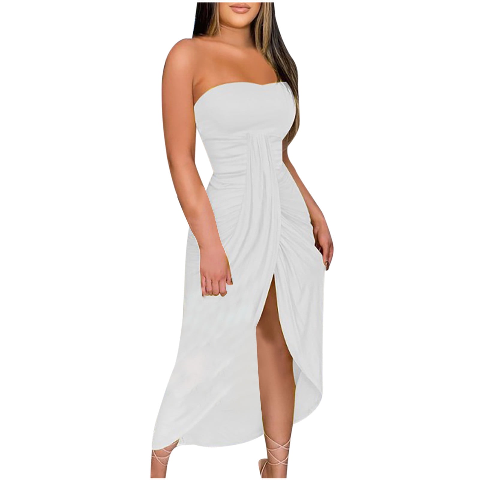 Summer Savings Clearance 2022! BEFOKA Women's Summer Solid Strapless Long  Dress Beach Split Dress Party Club Dress White S
