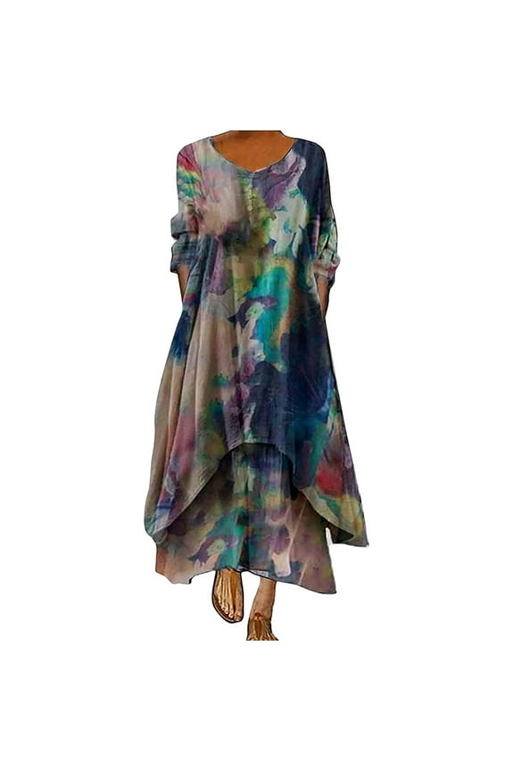 Summer Frostluinai Women Plus Size Boho Dresses Retro Button Dress Crew Neck 3/4 Sleeve Floral Bohemian Maxi Dresses Irregular Hem Wrap Evening Dresses